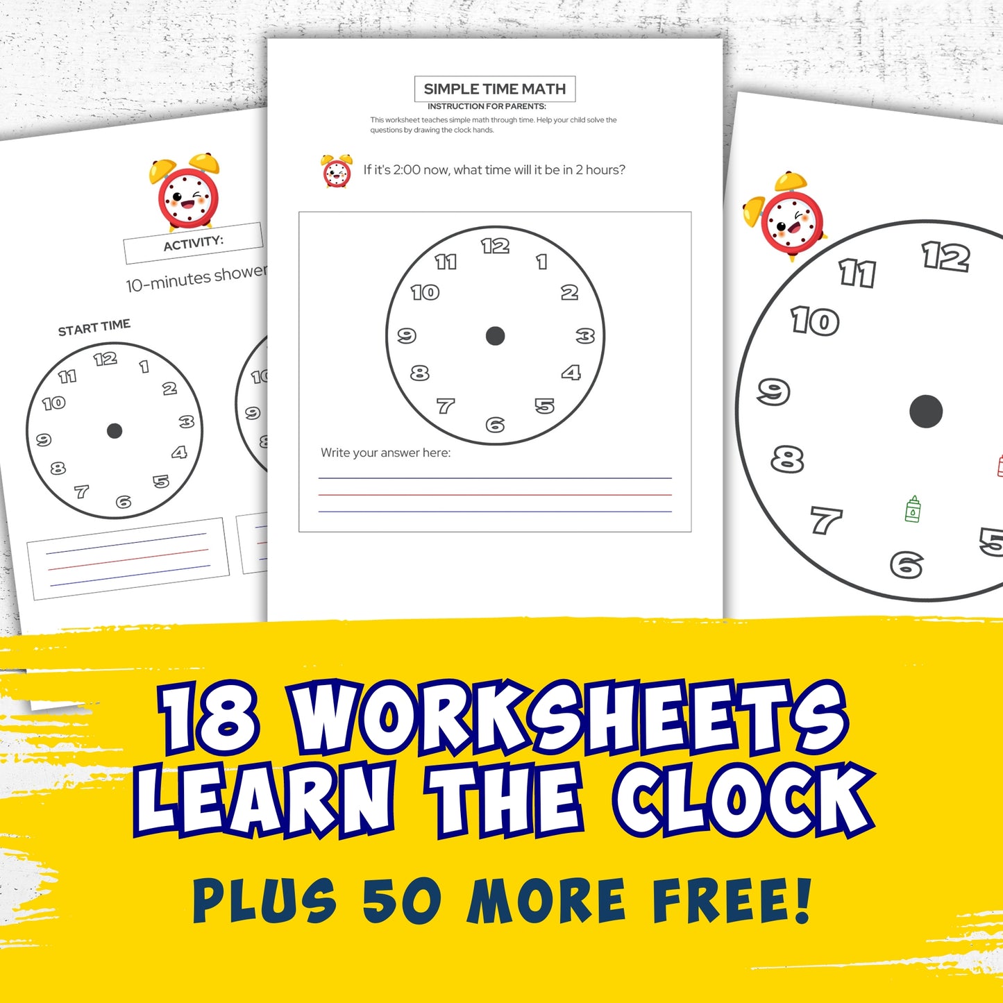 18 Learn The Clock Kids Activity Worksheets Plus 50 More FREE Printable Worksheets, Preschool, Kindergarten Elementary School Ready To Print